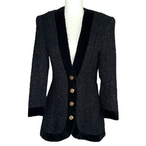 Magaschoni x Tracy Reese Vintage Black Boucle & Velvet Wool Fitted Blazer - 8